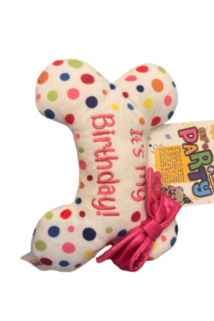 Party Bone Hondenknuffel – Gekleurde Stippen Hondenknuffel Party Bone wit bot met gekleurde stippen en roze strik